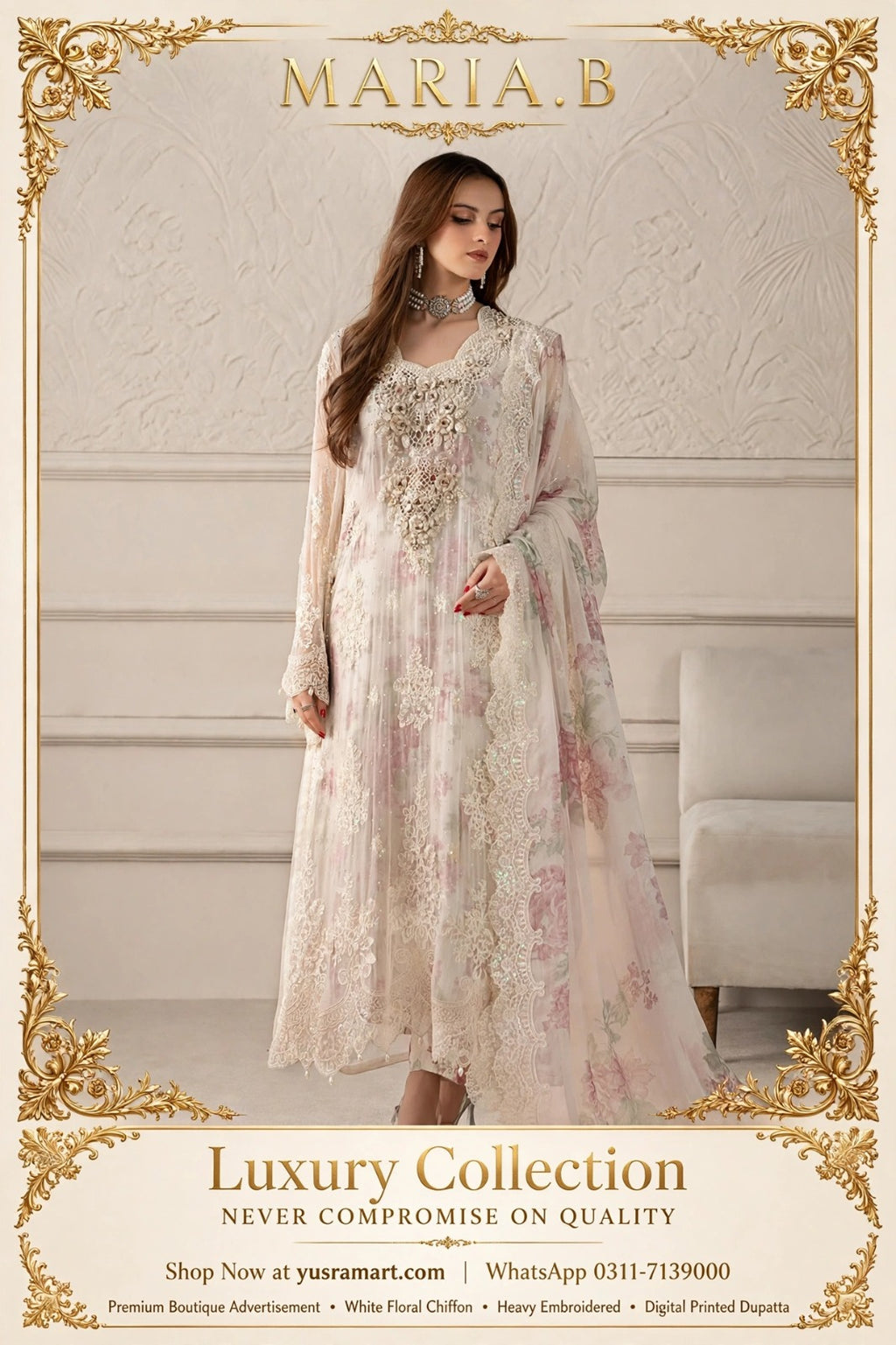 MARIA.B Luxury Chiffon Collection - Digital Printed Silk - White Floral Master Replica