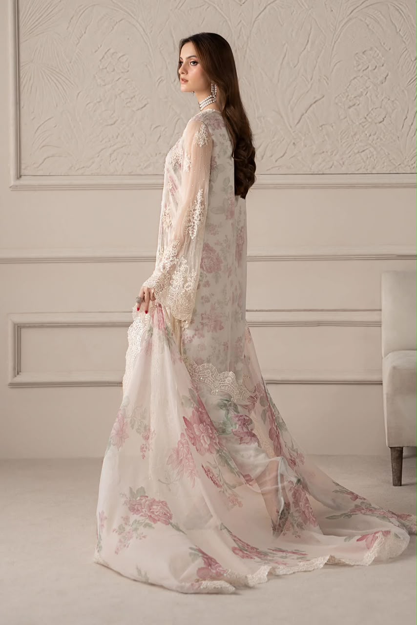 MARIA.B Luxury Chiffon Collection - Digital Printed Silk - White Floral Master Replica