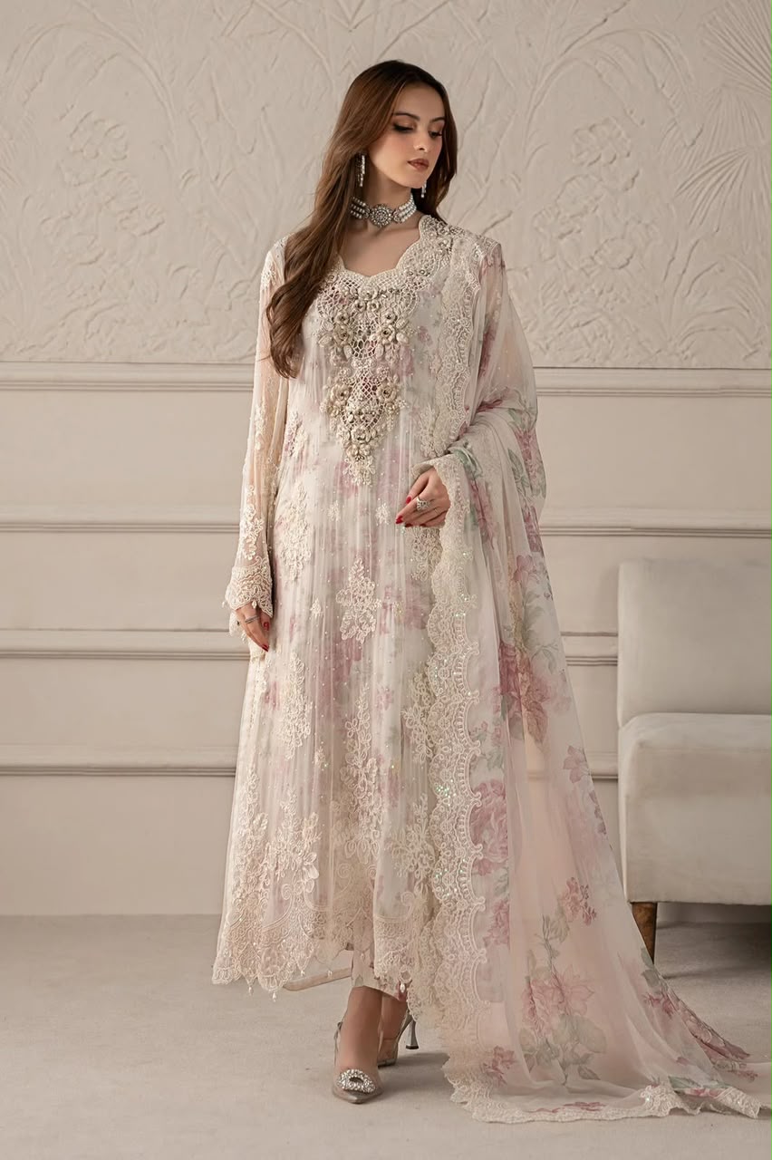 MARIA.B Luxury Chiffon Collection - Digital Printed Silk - White Floral Master Replica