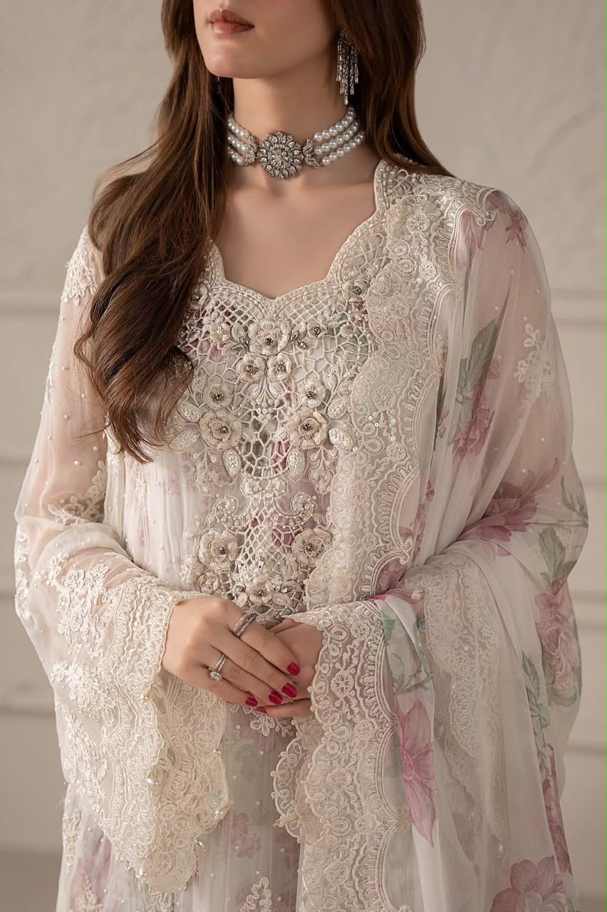MARIA.B Luxury Chiffon Collection - Digital Printed Silk - White Floral Master Replica