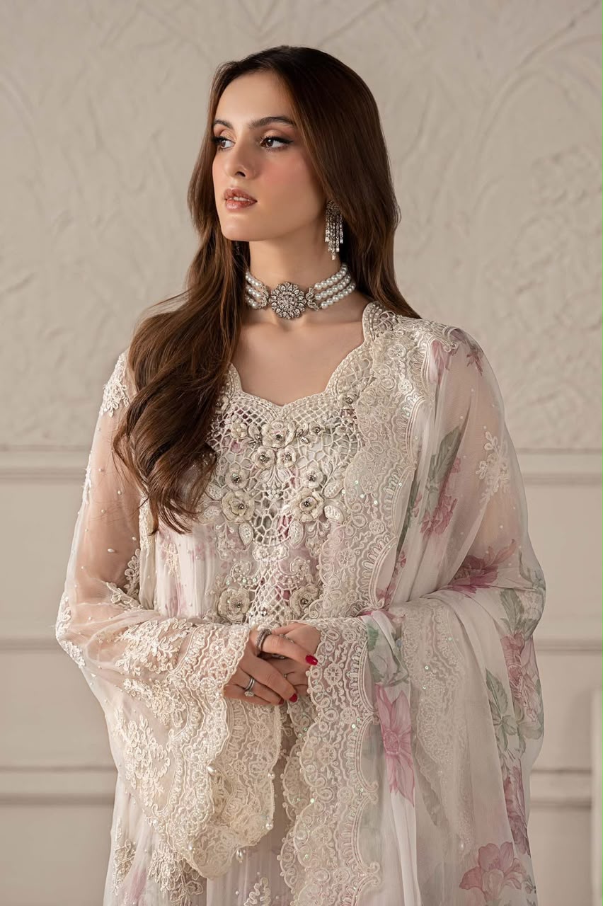 MARIA.B Luxury Chiffon Collection - Digital Printed Silk - White Floral Master Replica