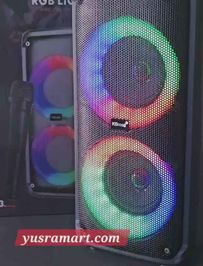 مكبر صوت بلوتوث لاسلكي محمول مع ميكروفون لاسلكي وإضاءة LED RGB يدعم الميكروفون، وراديو FM، و AUX، و USB، وبطاقة SD، ومكبر صوت كاريوكي مضخم صوت بافيل