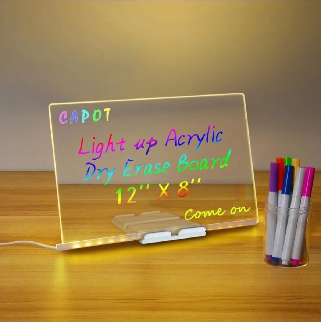 LED Glowing Writing Board With Markers Colorful DIY Acrylic Writing Pad With Stand & Erasable Pens For Kids DIY LED Acrylic Message Board With Neon Glow Reusable Writing Drawing Board For Kids