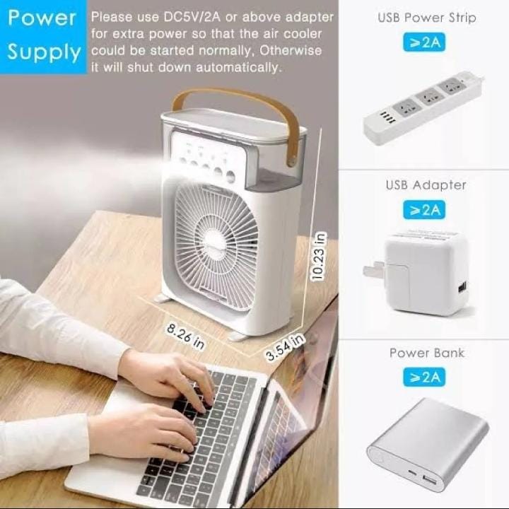 مروحة تبريد بمنفذ USB متعددة الوظائف 4 في 1 مع جهاز ترطيب جو ومصباح ليلي بـ 7 ألوان