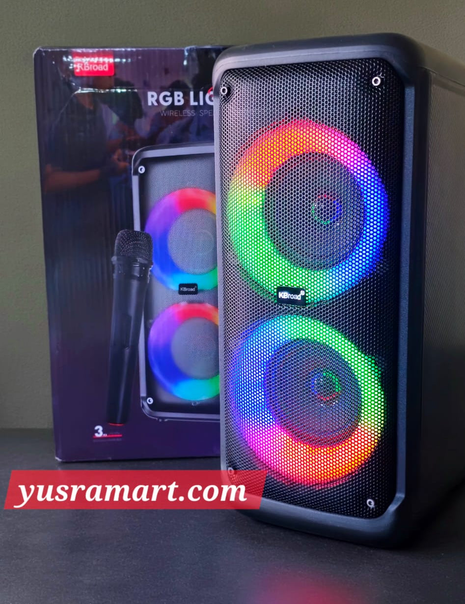 مكبر صوت بلوتوث لاسلكي محمول مع ميكروفون لاسلكي وإضاءة LED RGB يدعم الميكروفون، وراديو FM، و AUX، و USB، وبطاقة SD، ومكبر صوت كاريوكي مضخم صوت بافيل