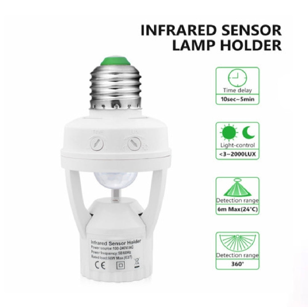 مصباح LED بمستشعر حركة جسم الإنسان PIR مع مقبس لمبة مفتاح تحكم مناسب لمصابيح E27 اللولبية مستشعر أمان