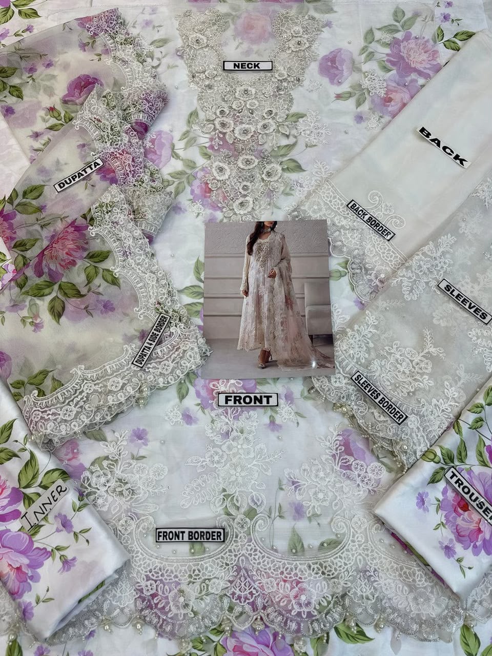 MARIA.B Luxury Chiffon Collection - Digital Printed Silk - White Floral Master Replica